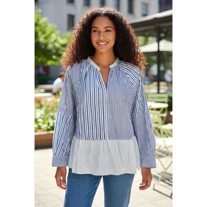 NWT Free Assembly Peplum Top M Blue White Nautical Striped Ruffle Preppy Blouse